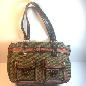 Apt.‎ 9 Tweed with leather and orange Velvet shoulder bag.